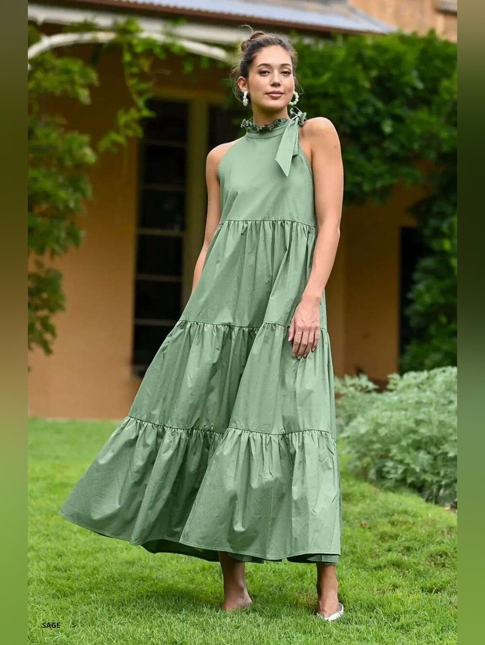 Wyatt Wylde Helena Maxi Dress Tiered Sage Green Tie Neck Sleeveless 100% Cotton